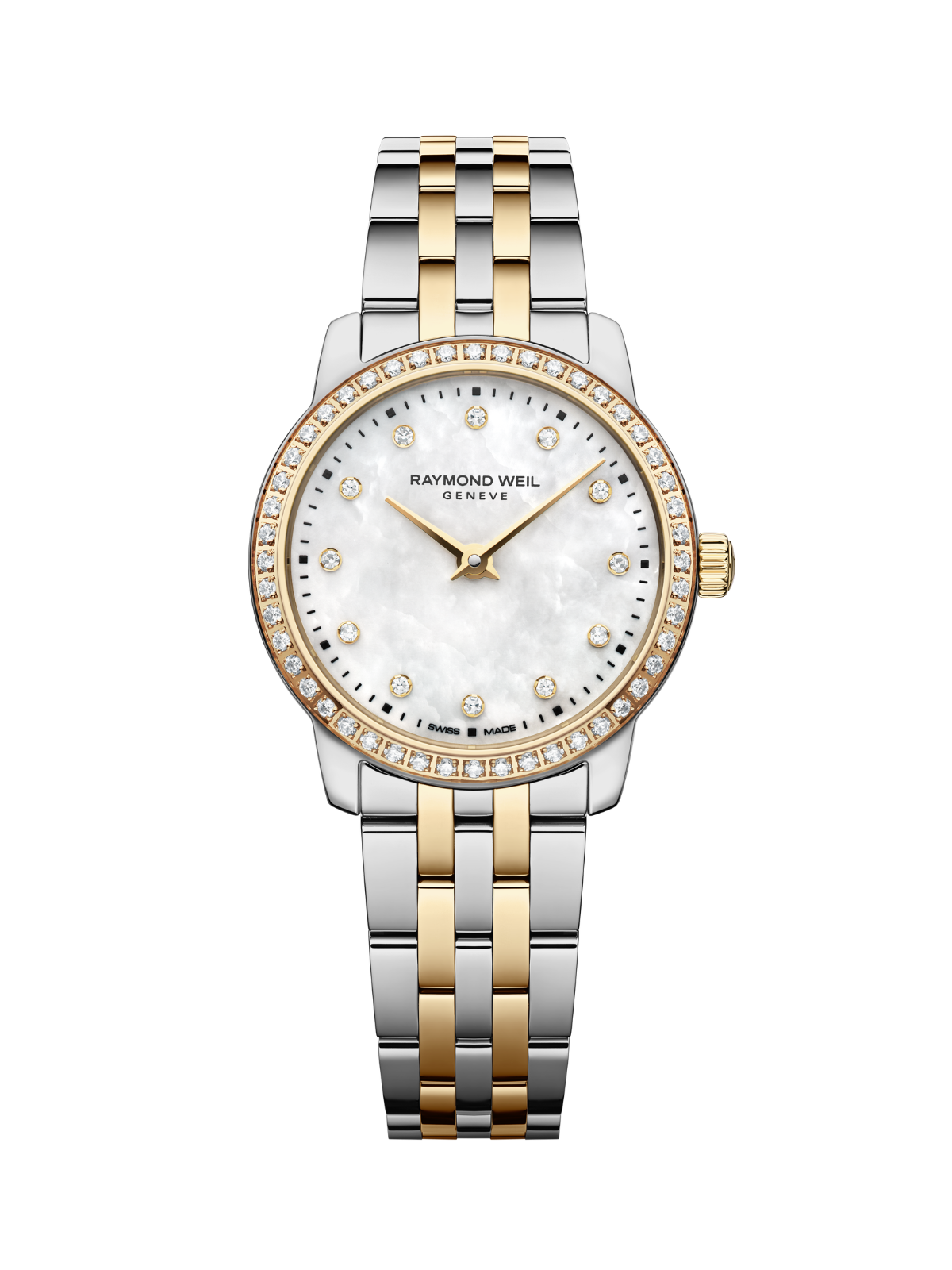 Raymond Weil Toccata Classic watch with diamond bezel, two-tone bracelet and mother of pearl dial on a white background.