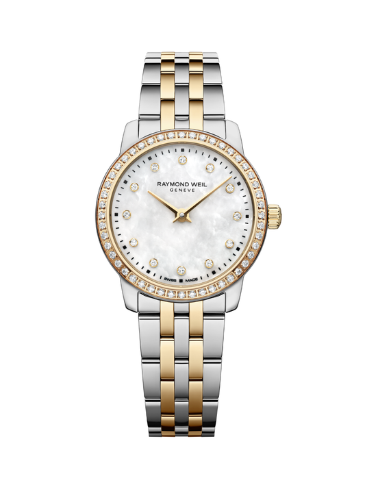 Raymond Weil Toccata Classic watch with diamond bezel, two-tone bracelet and mother of pearl dial on a white background.