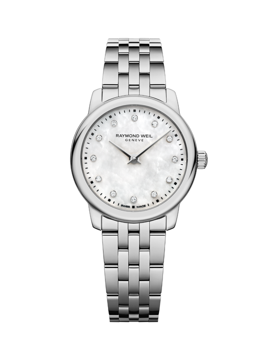 Raymond Weil Toccata Classic watch with steel bracelet and mother of pearl dial on a white background.