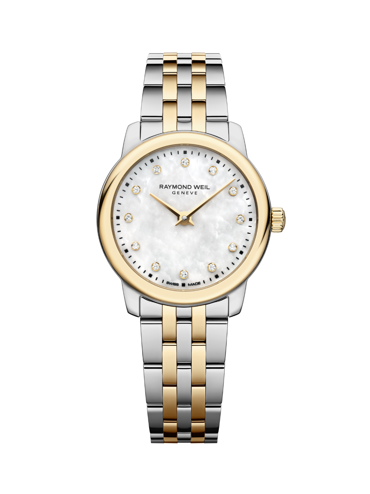 Raymond Weil Toccata Classic watch with a two-tone steel bracelet and mother of pearl dial on a white background.