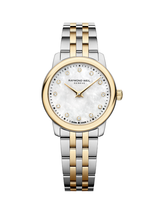 Raymond Weil Toccata Classic watch with a two-tone steel bracelet and mother of pearl dial on a white background.