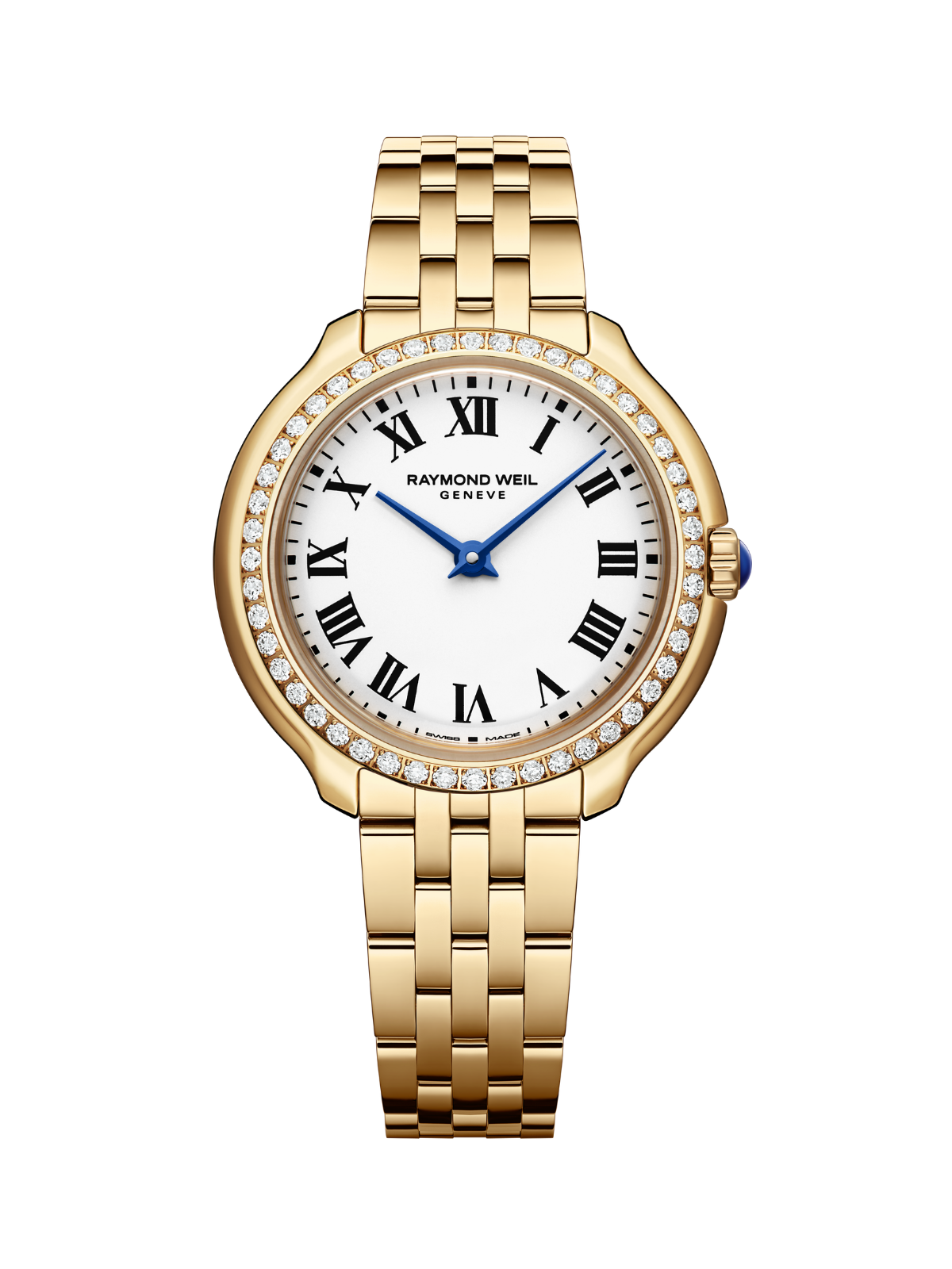 RAYMOND WEIL Toccata Heritage with 28mm case, lab grown diamond bezel, yellow gold PVD bracelet and white dial on a white background.