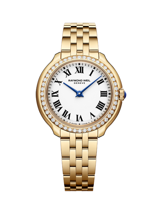 RAYMOND WEIL Toccata Heritage with 28mm case, lab grown diamond bezel, yellow gold PVD bracelet and white dial on a white background.
