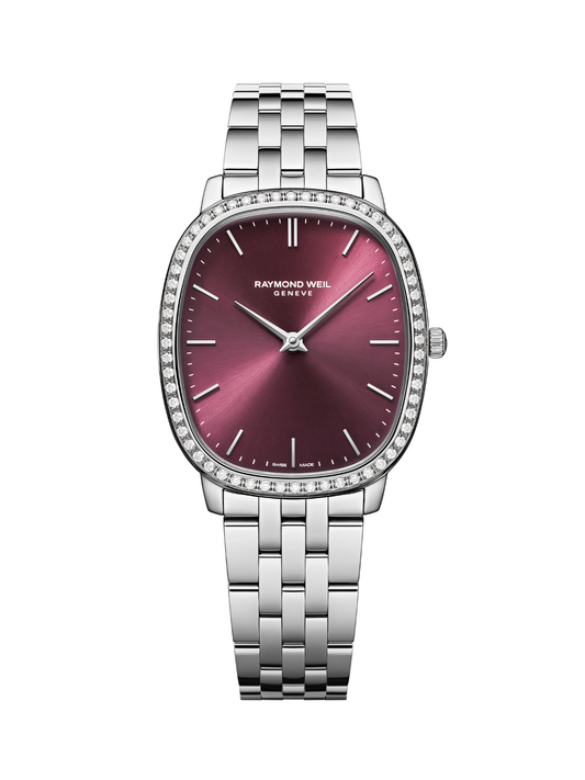 Raymond Weil Toccata Heritage watch with a diamond-set case, steel bracelet and burgundy dial on a white background.