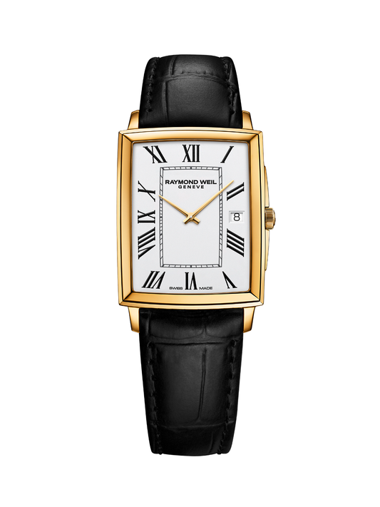 Raymond Weil Toccata Square watch with gold-tone case, black leather strap and white dial on a white background.