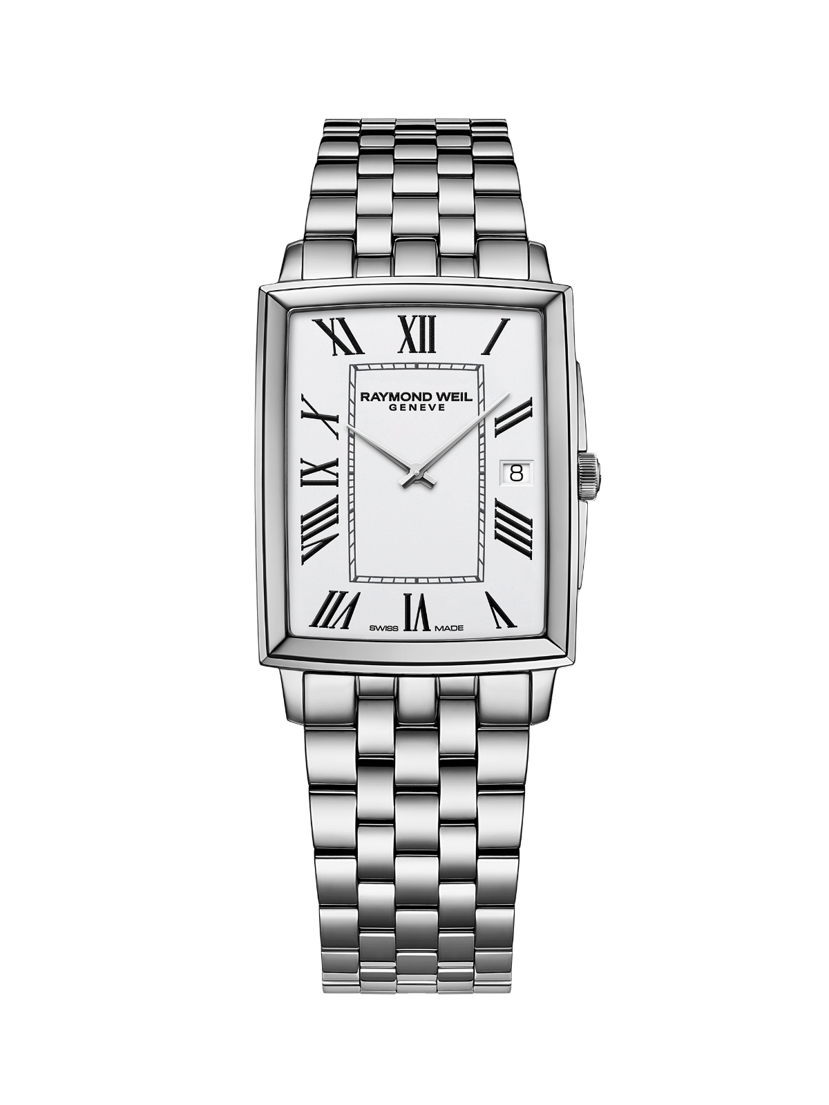 Raymond Weil Toccata Square watch with steel bracelet and white dial on a white background.