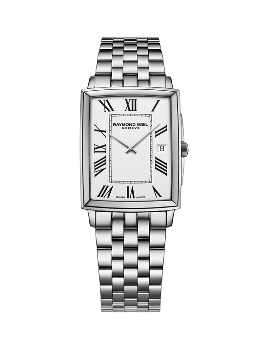 Raymond Weil Toccata Square watch with steel bracelet and white dial on a white background.