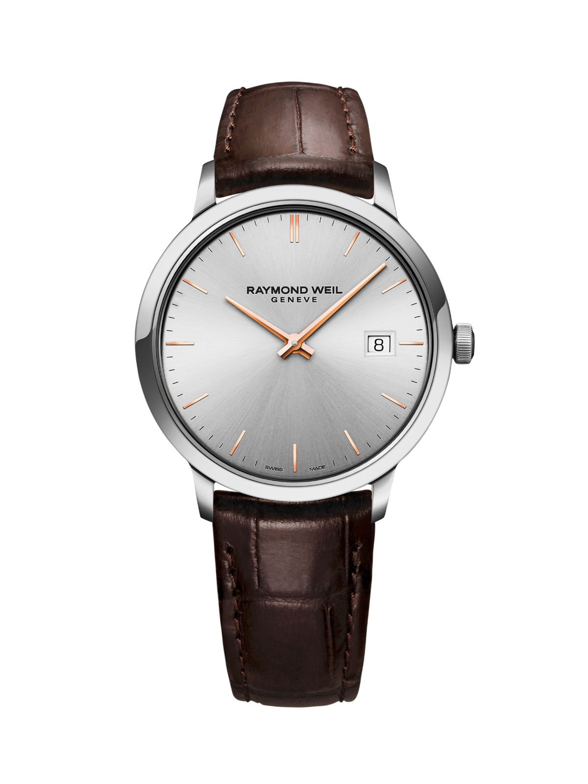 Raymond Weil Toccata Classic watch with a steel case, brown leather strap and silver dial on a white background.