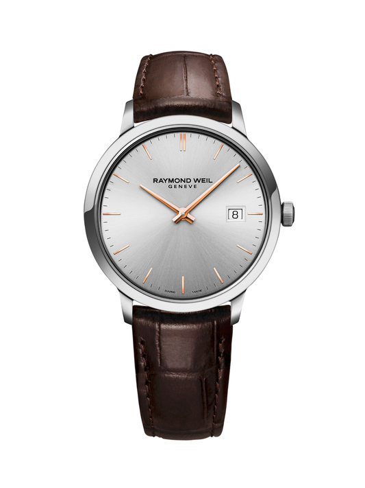 Raymond Weil Toccata Classic watch with a steel case, brown leather strap and silver dial on a white background.