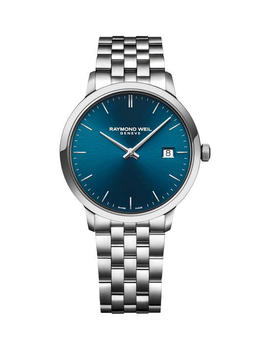 Raymond Weil Toccata Classic watch with a steel bracelet and blue dial on a white background.