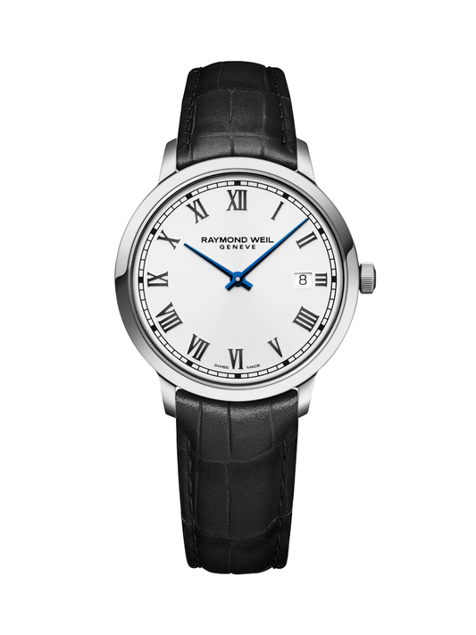 Raymond Weil Toccata Classic watch with a black leather strap and white dial on a white background.