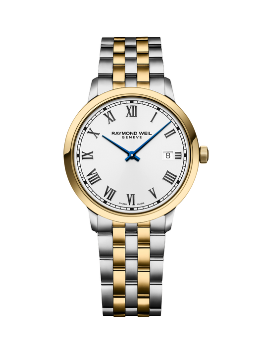 Raymond Weil Toccata Classic watch with steel and yellow-gold bracelet and white dial on a white background.