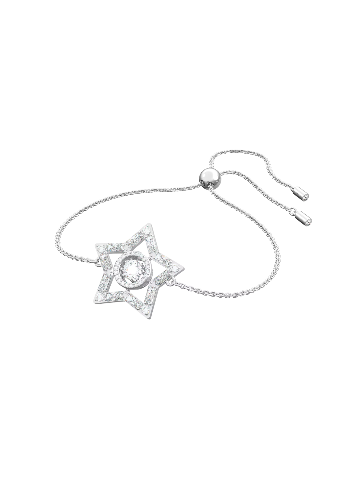 Swarovski white crystal star bracelet with silver-colour chain on a white background.