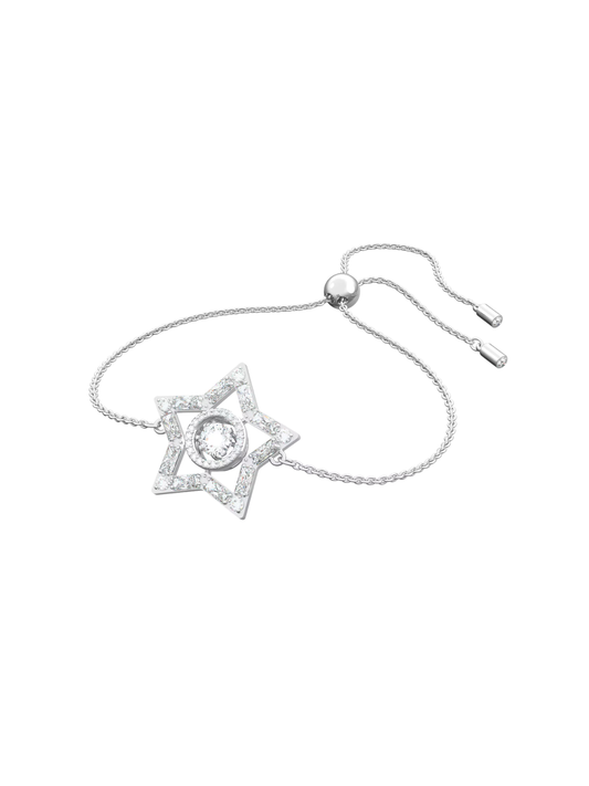 Swarovski white crystal star bracelet with silver-colour chain on a white background.