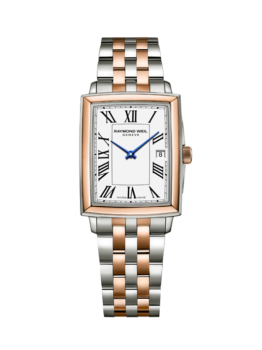 Raymond Weil Toccata Square watch with a steel and rose gold bracelet and white dial on a white background.