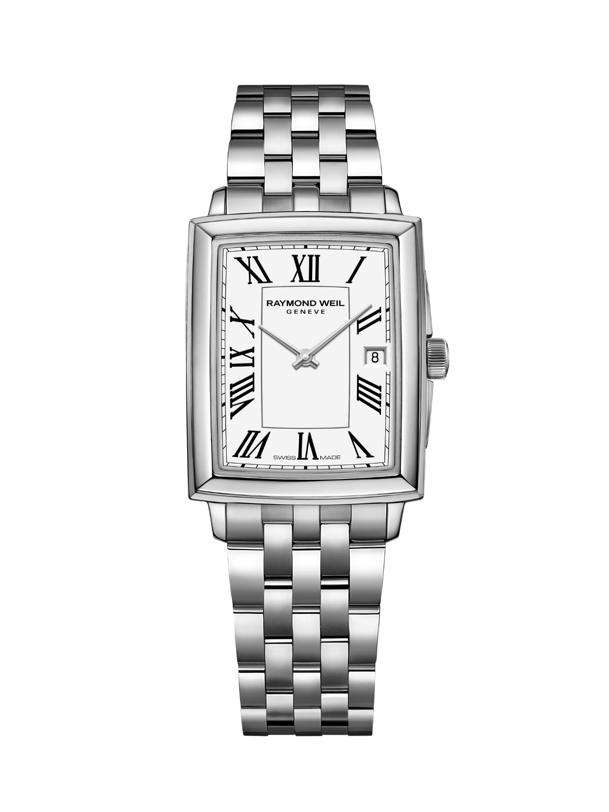 Raymond Weil Toccata Square watch with a steel bracelet and white dial on a white background.