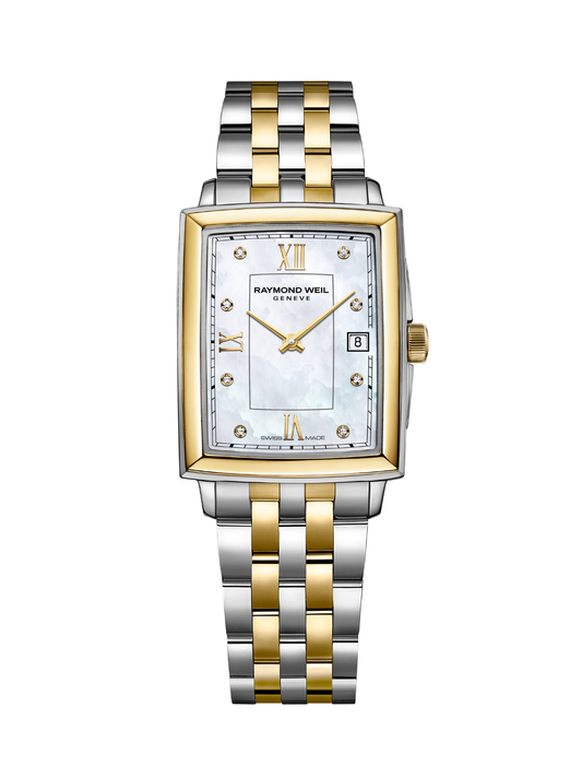 Raymond Weil Toccata Square watch with a steel and yellow-gold bracelet and mother of pearl dial on a white background.