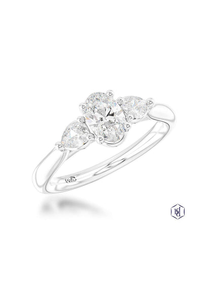 Florentine Oval Diamond Three Stone Ring with 0.50ct Oval Centre & 0.27ct Pear Cut Diamonds in Platinum
