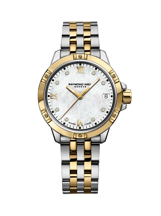 Raymond Weil Tango Classic watch with a two-tone steel bracelet and white mother of pearl dial on a white background.