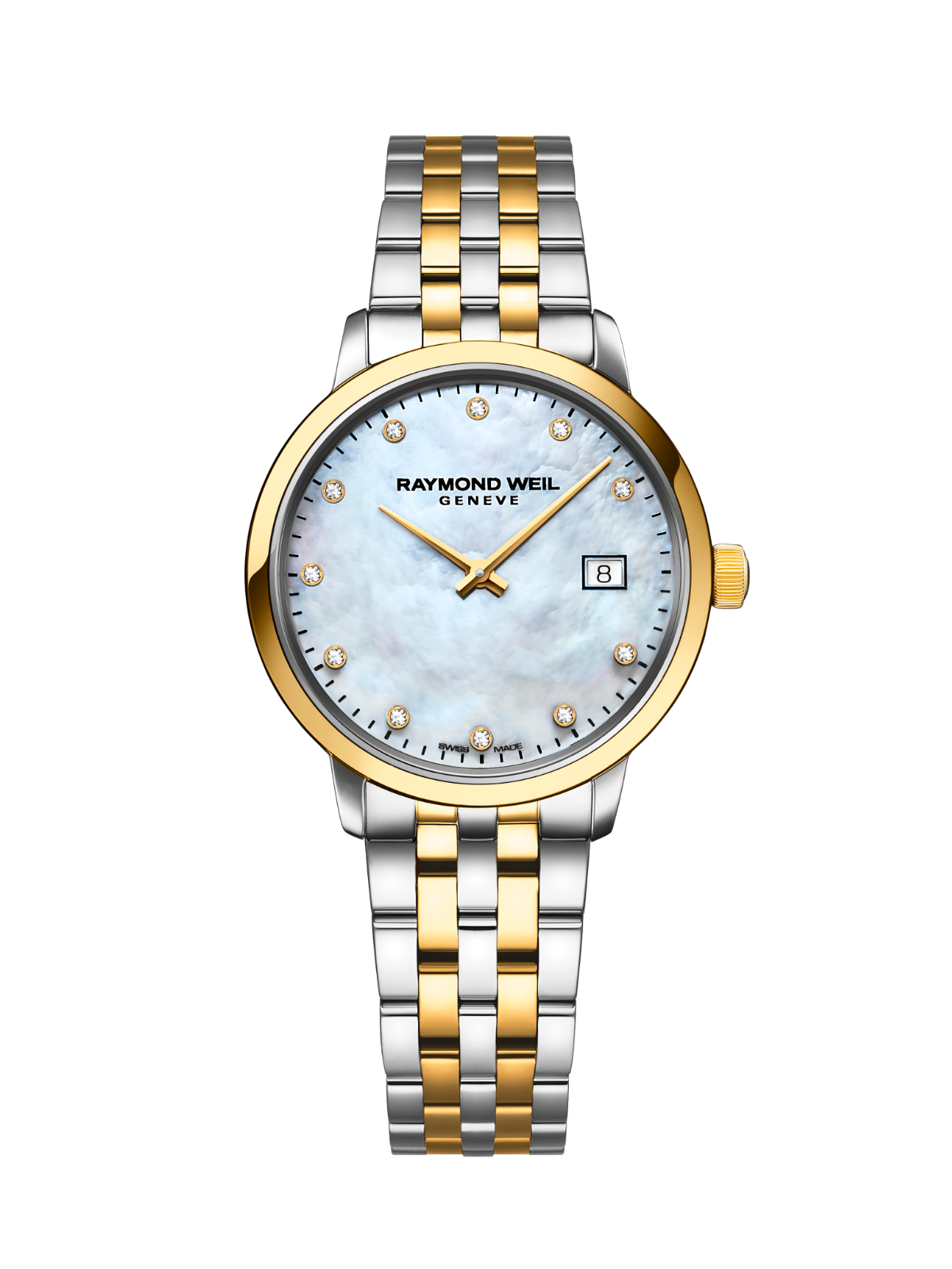 Raymond Weil Toccata Classic watch with steel and yellow-gold bracelet and mother of pearl dial, on a white background.