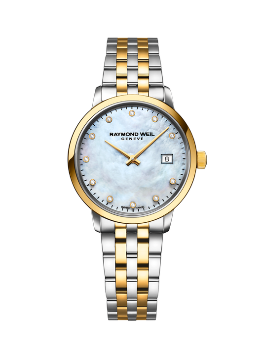 Raymond Weil Toccata Classic watch with steel and yellow-gold bracelet and mother of pearl dial, on a white background.