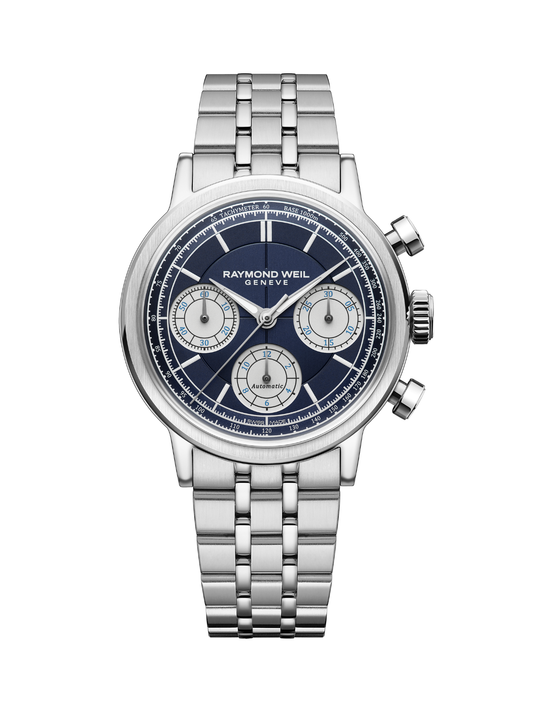 Raymond Weil Millesime Tri-Compax Chronograph watch with a steel bracelet and blue dial on a white background.