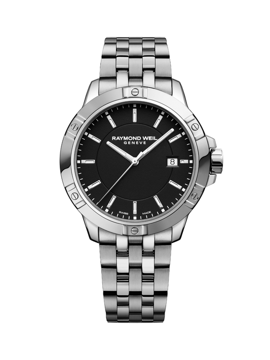 Raymond Weil Tango Classic watch with steel bracelet and black dial on a white background.