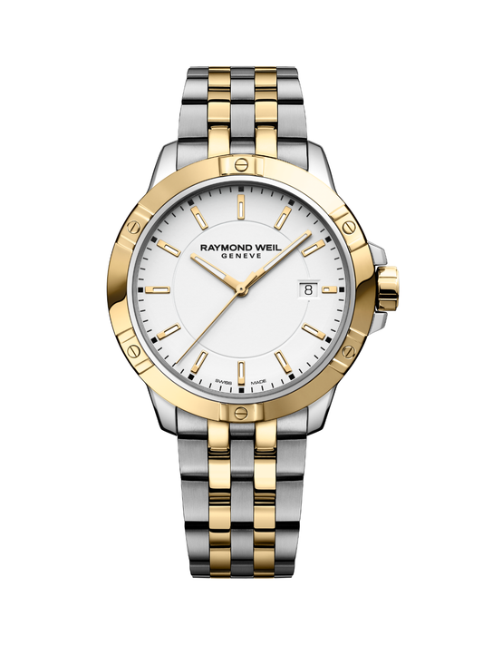 Raymond Weil Tango Classic watch with a steel and yellow-gold bracelet and white dial on a white background.