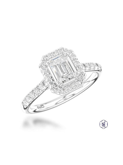 Skye Emerald 0.50ct Emerald Cut Diamond Halo Ring in Platinum with Diamond Shoulders