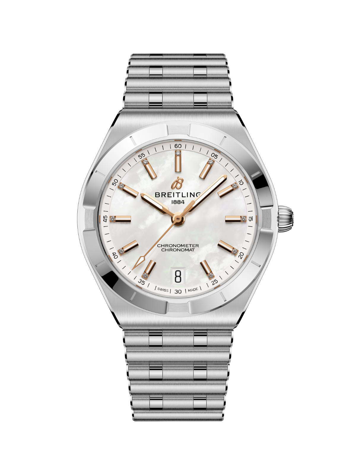 Breitling Chronomat Automatic 36 watch with steel bracelet and mother of pearl dial on a white background.