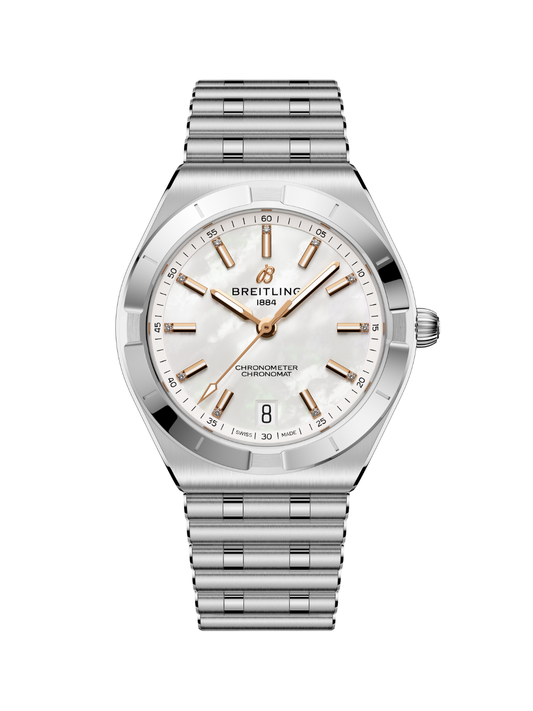 Breitling Chronomat Automatic 36 watch with steel bracelet and mother of pearl dial on a white background.
