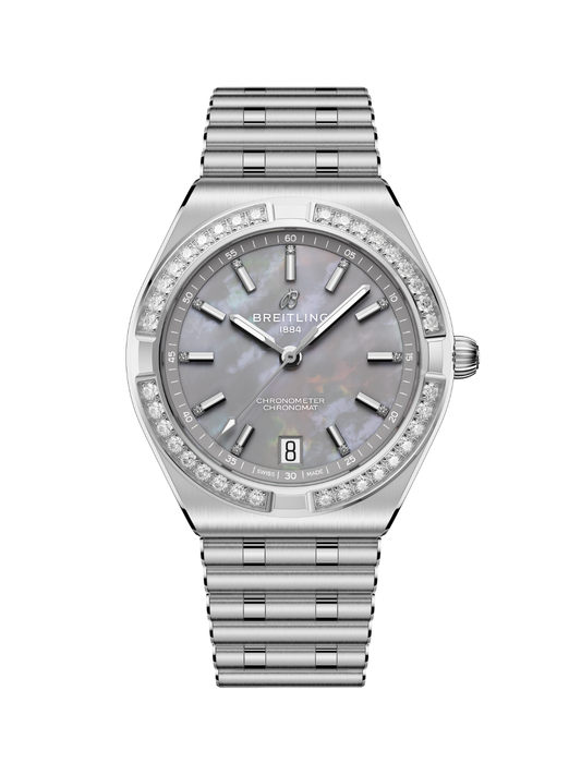 Breitling Chronomat Automatic 36 watch with diamond-set case, steel bracelet and grey mother of pearl dial on a white background.