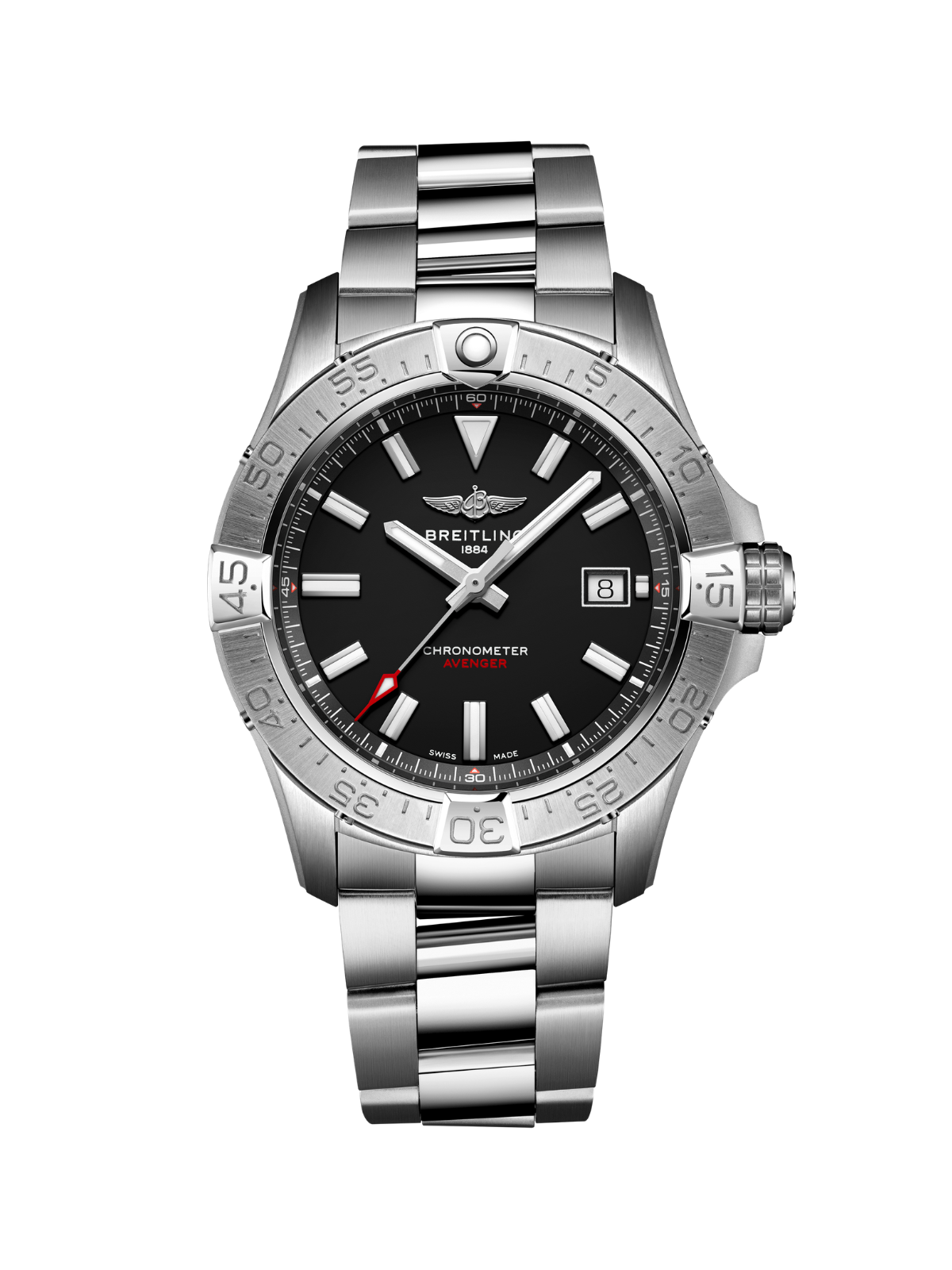 Breitling Avenger Automatic 42 with steel bracelet & black dial on a white background.