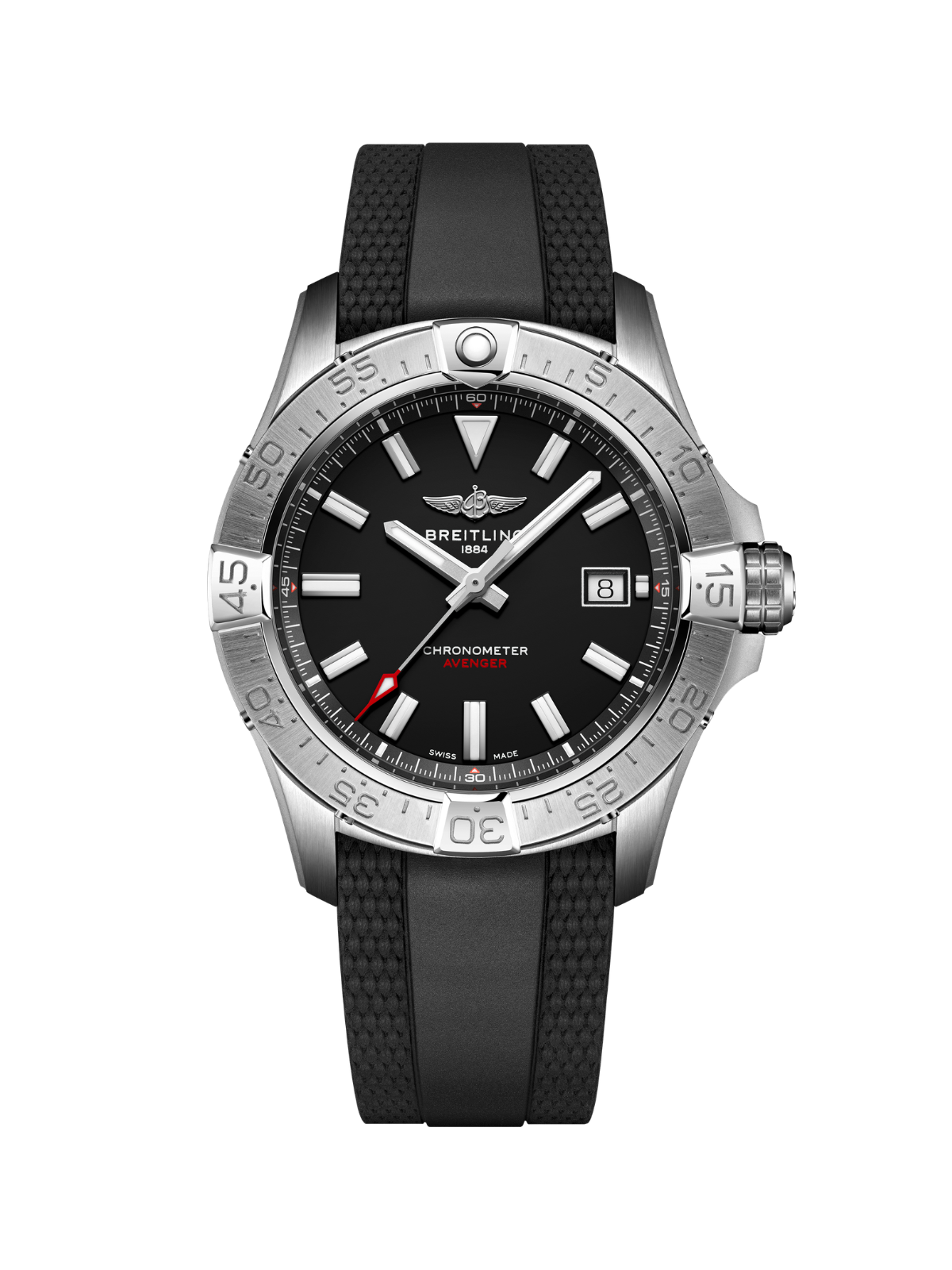 Breitling Avenger Automatic 42 with rubber strap & black dial on a white background.