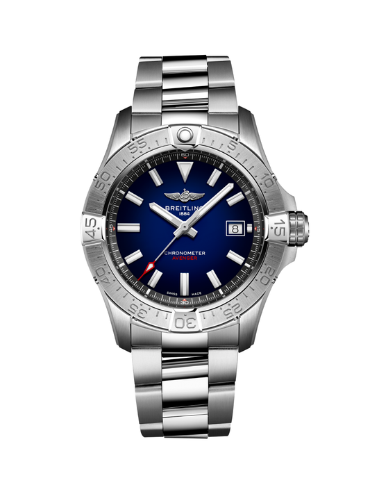 Breitling Avenger Automatic 42 with steel bracelet & blue dial on a white background.