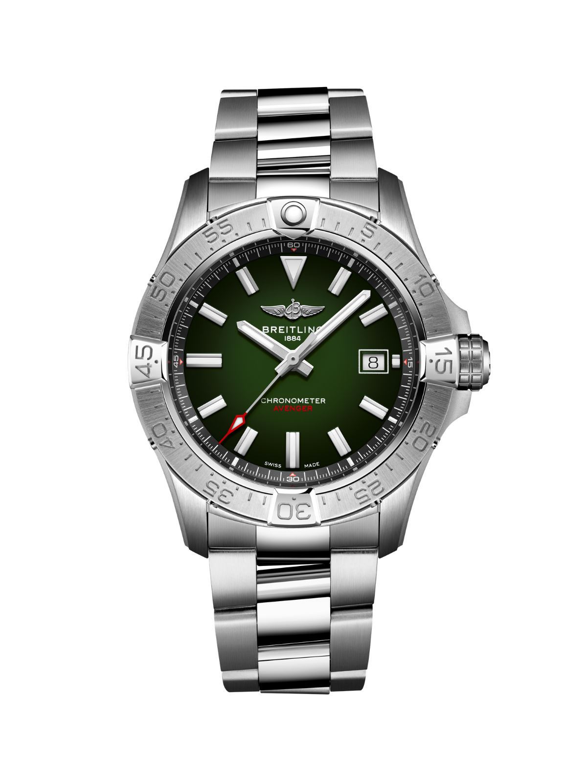 Breitling Avenger Automatic 42 with steel bracelet & green dial on a white background.
