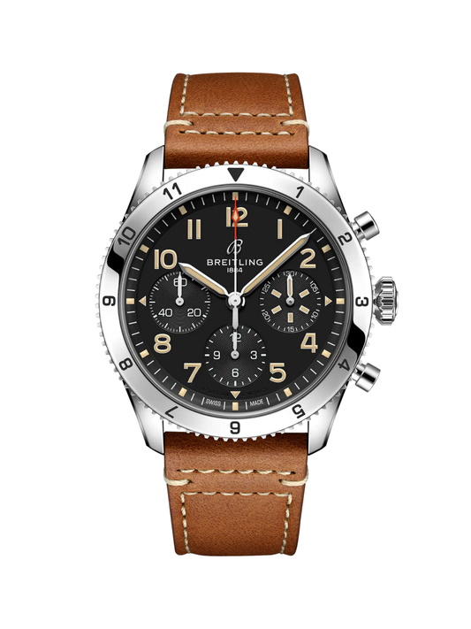 Breitling Classic AVI Chronograph 42 P-51 Mustang with Brown Leather Strap & Black Dial