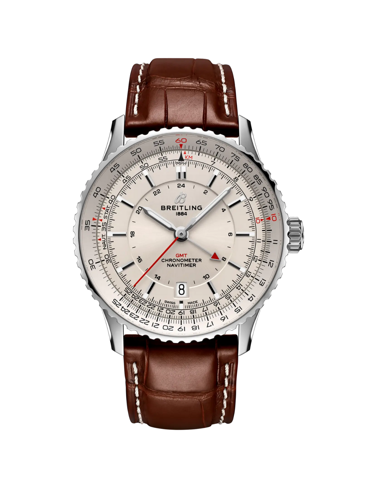 Breitling Navitimer Automatic GMT 41 with Brown Leather Strap & Silver Dial