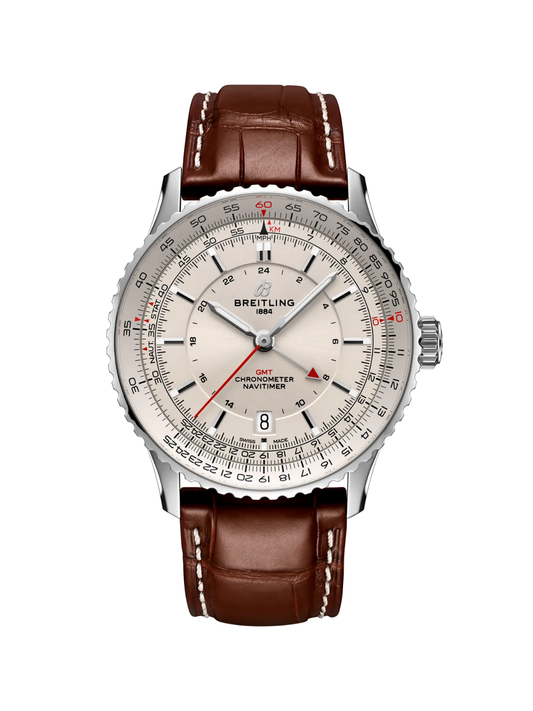 Breitling Navitimer Automatic GMT 41 with Brown Leather Strap & Silver Dial