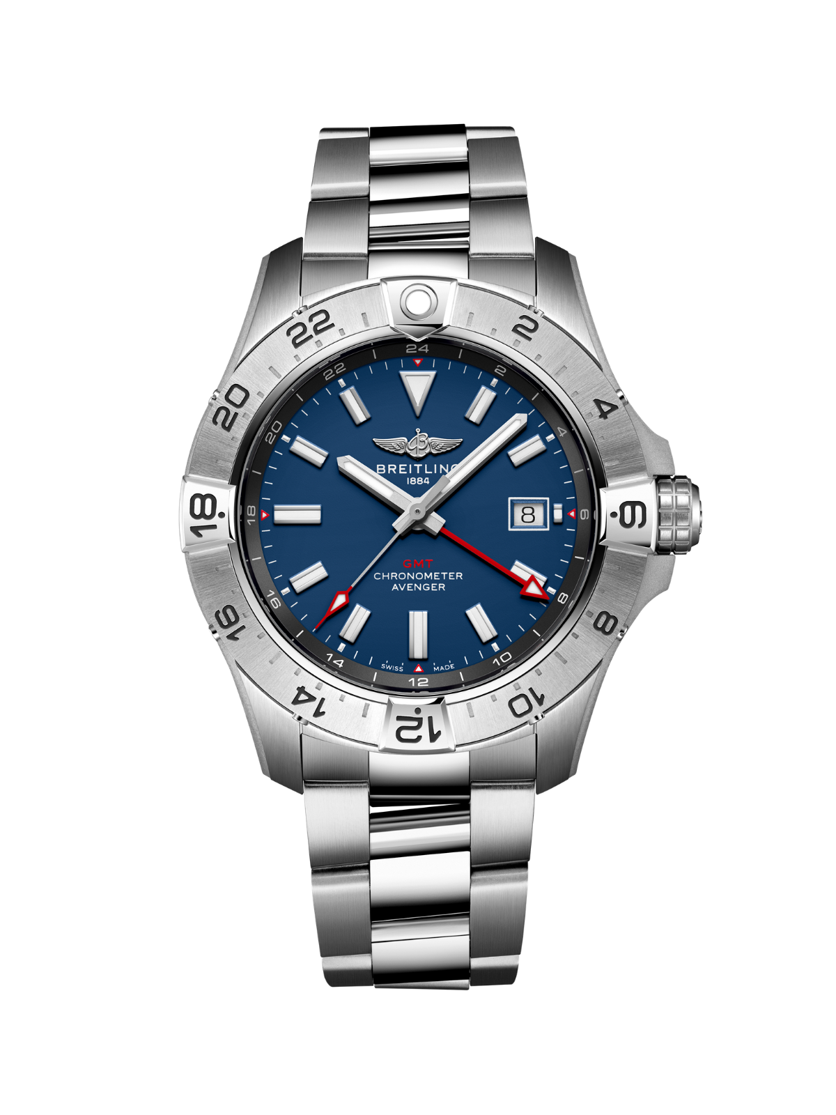 Breitling Avenger Automatic GMT 44 Wings with steel bracelet & blue dial on a white background.