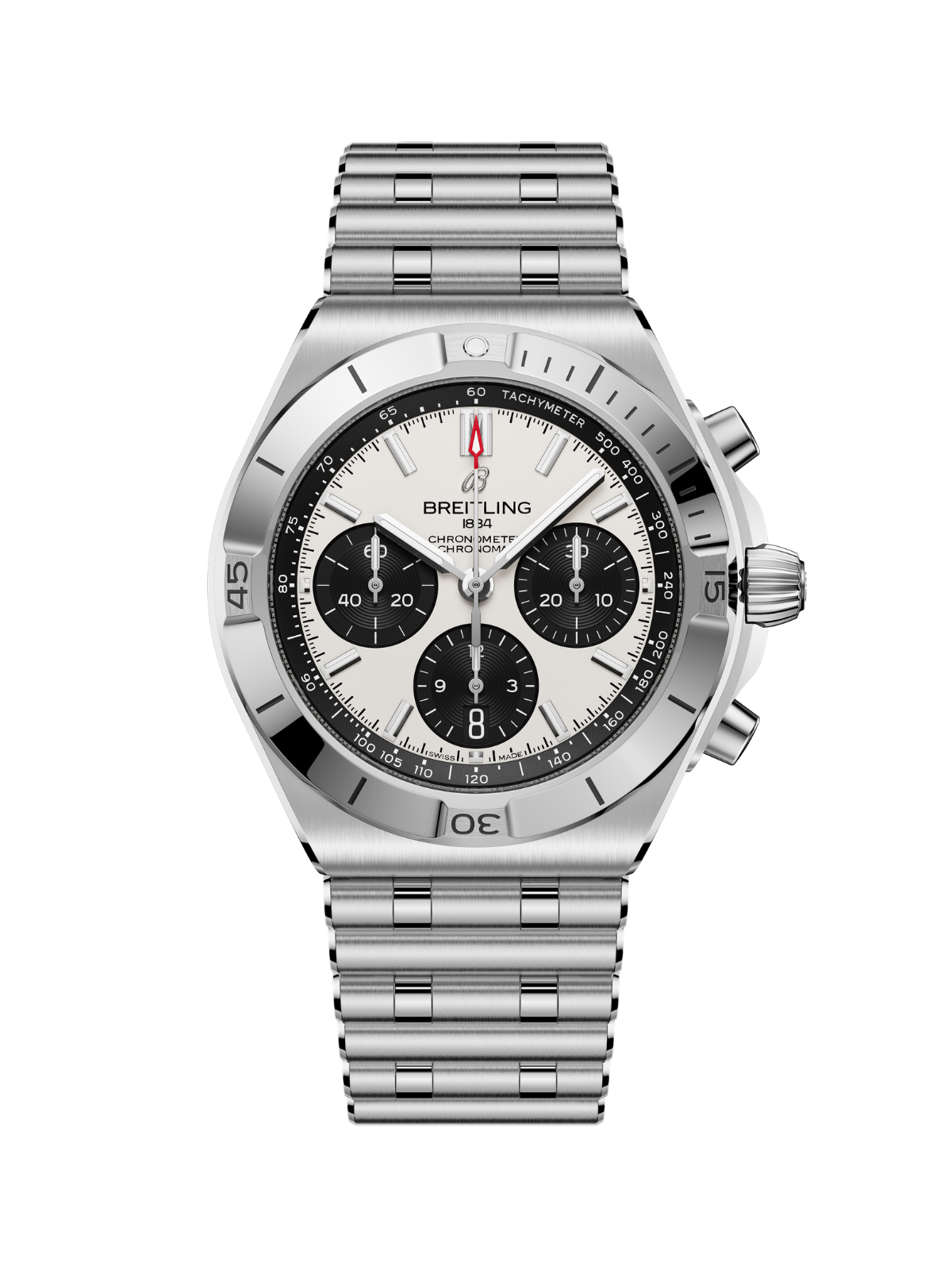 Breitling Chronomat B01 42 watch on a steel bracelet with white panda dial on a white background.