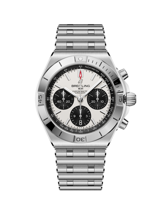 Breitling Chronomat B01 42 watch on a steel bracelet with white panda dial on a white background.