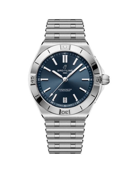 Breitling Chronomat B31 Automatic 40 watch with steel bracelet and blue dial on a white background.