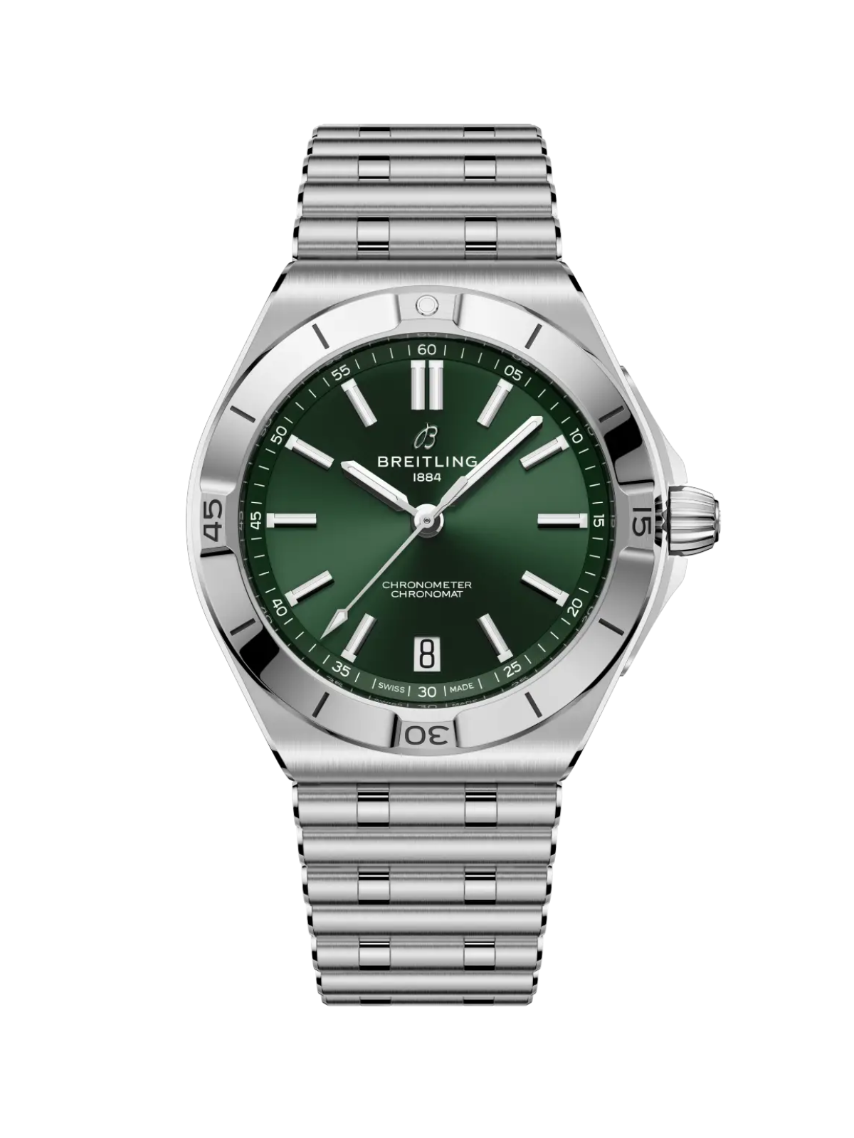 Breitling Chronomat B31 Automatic 40 with 40mm case, steel bracelet & green dial on a white background.