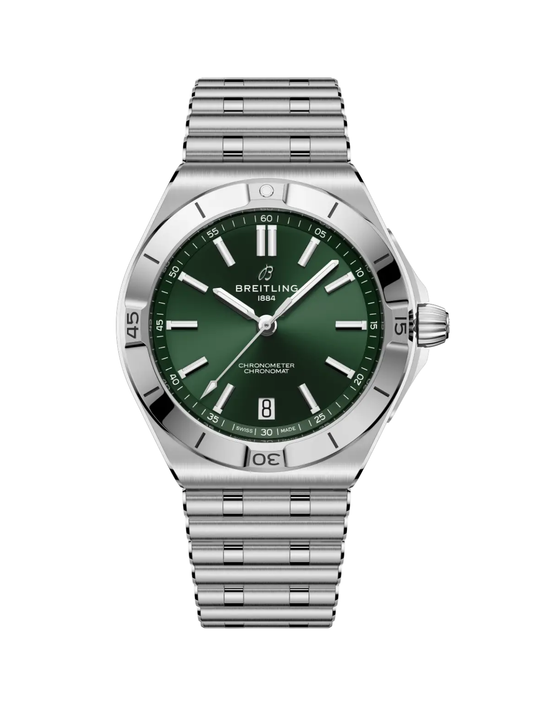 Breitling Chronomat B31 Automatic 40 with 40mm case, steel bracelet & green dial on a white background.