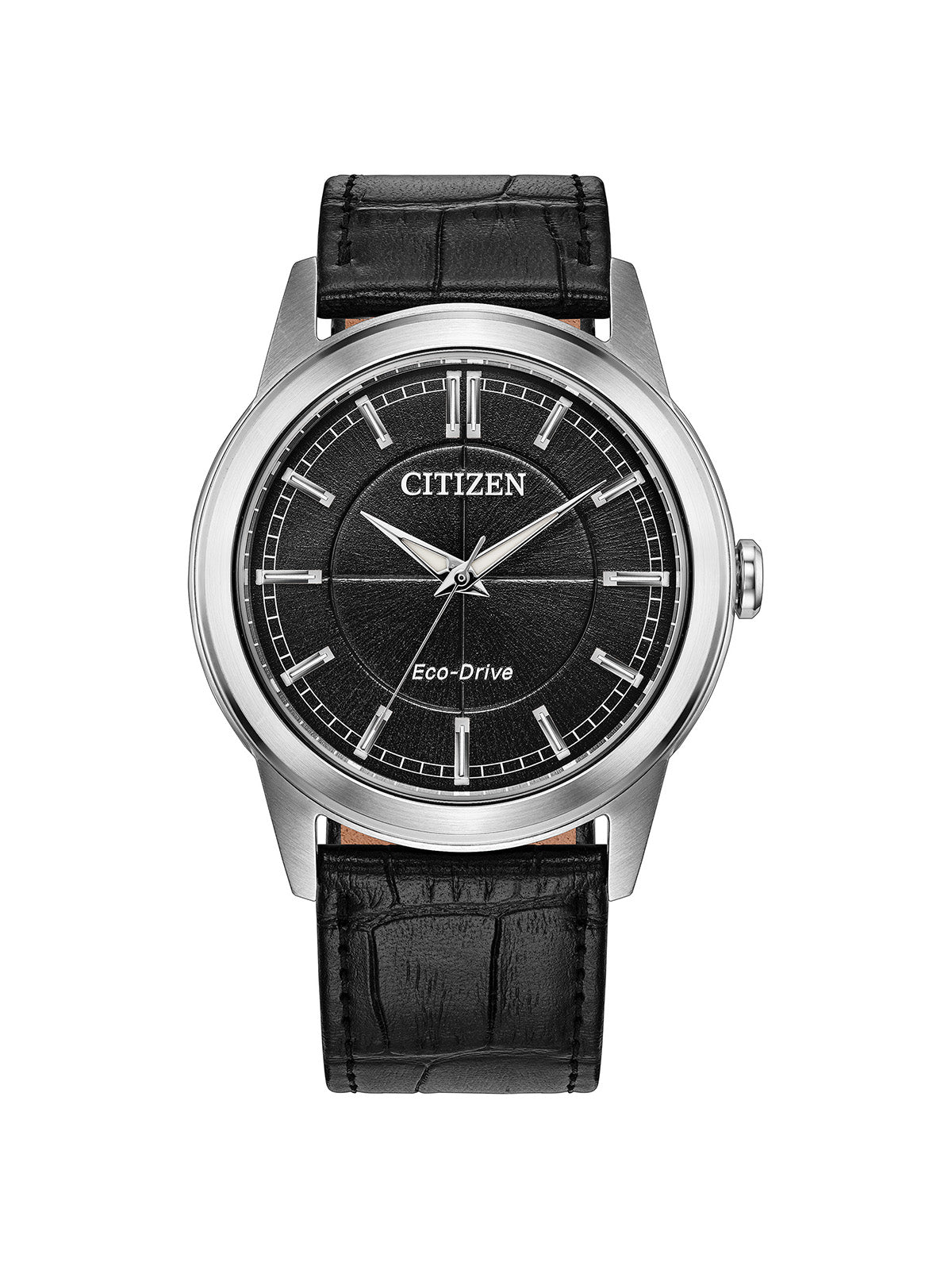 Citizen Eco-Drive with black leather strap and black dial on a white background.
