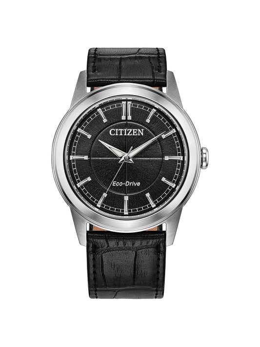 Citizen Eco-Drive with black leather strap and black dial on a white background.