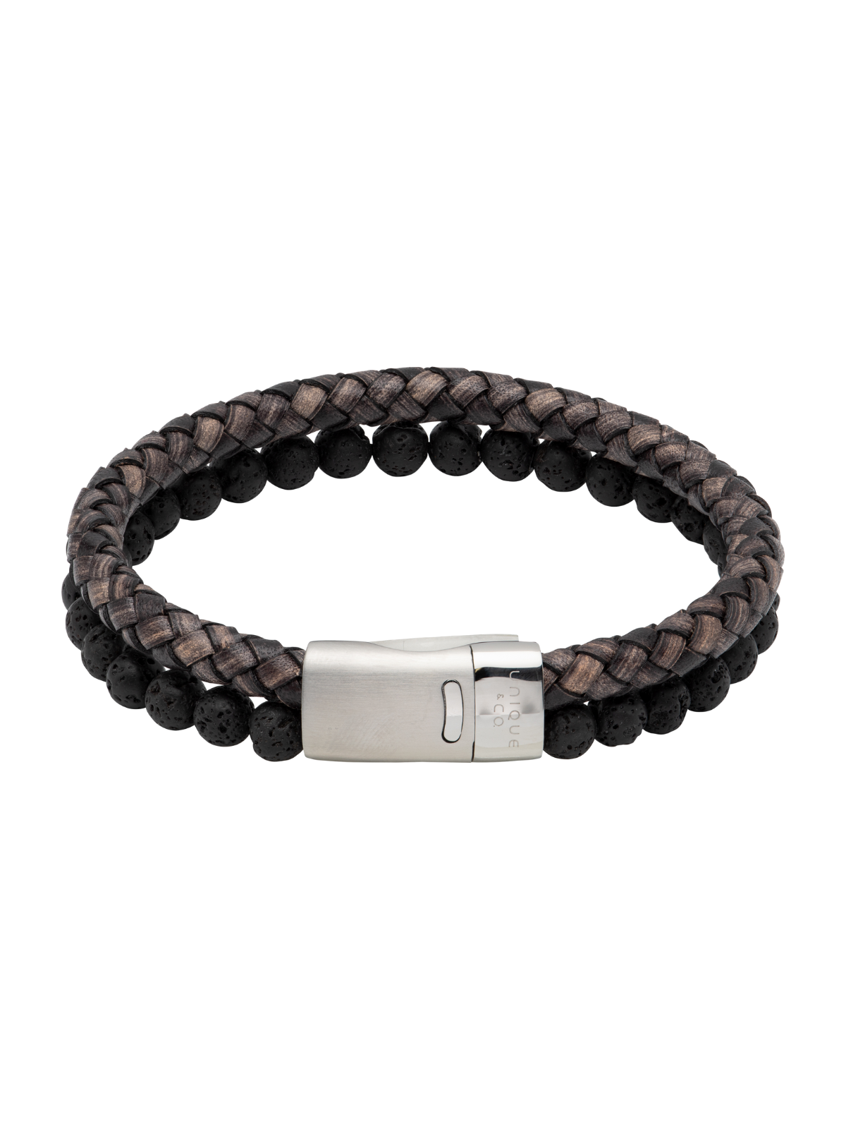 Unique & Co. 21cm Antique Black Leather and Lava Stone Bead Bracelet