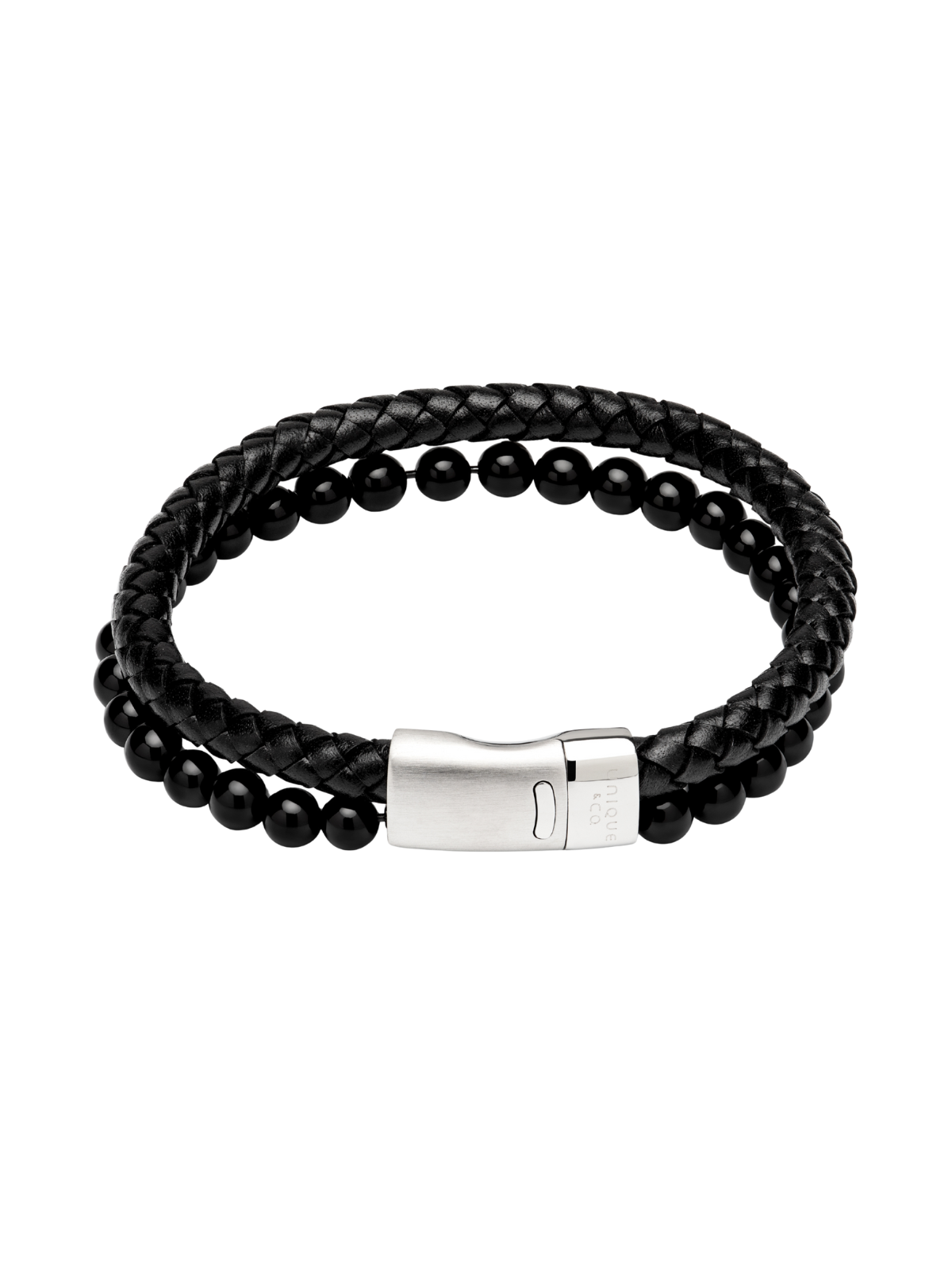 Unique & Co. 21cm Black Leather & Onyx Bead Bracelet