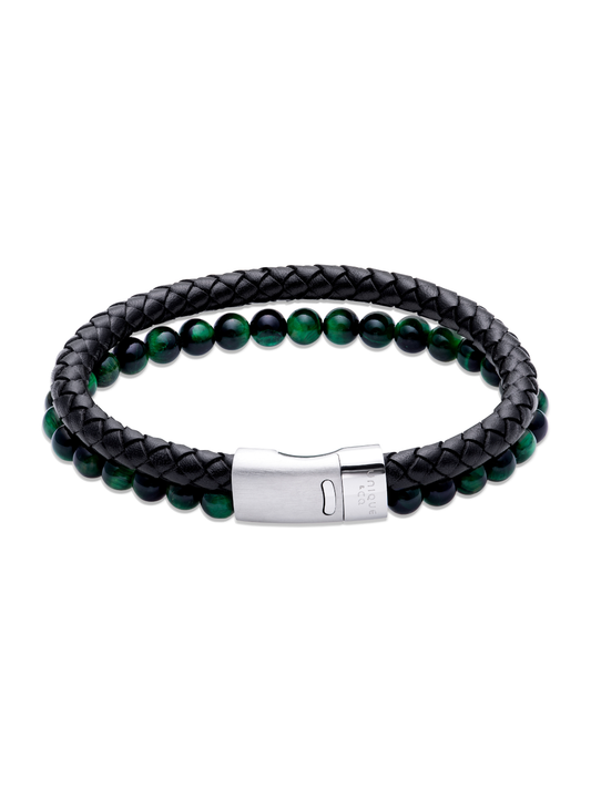 Unique & Co. 21cm Black Leather & Green Tiger's Eye Bead Bracelet